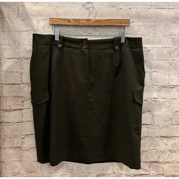 Talbots Woman Green Military Cargo Pocket Straight Skirt Wool Flannel Size 14W - Picture 1 of 4